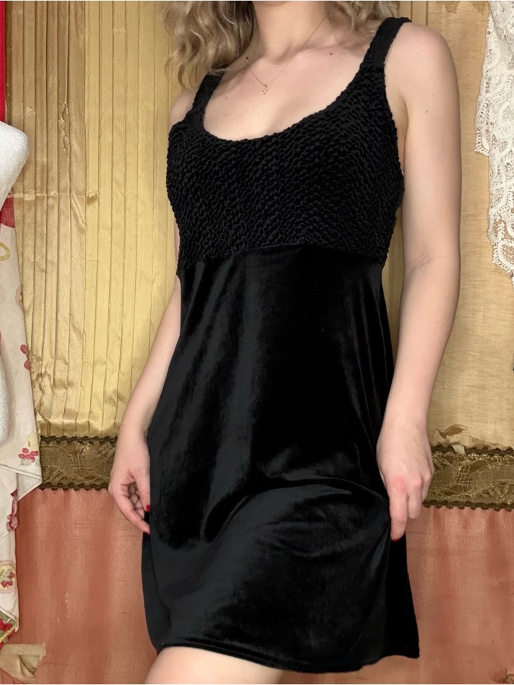 Vintage 90’s new with tags Black Smocked Velvet Dress